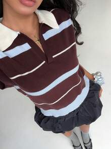 Aloruh 女士撞色极简风Polo短袖毛衣，时尚秋冬学院风Polo领撞色条纹棕蓝宽松针织衫 - 酒紅色 - 查看 4