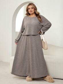 SHEIN CURVE+ 大码女式休闲纯色长袖上衣和半裙两件套，秋季两件套 - 卡其色 - 查看 5