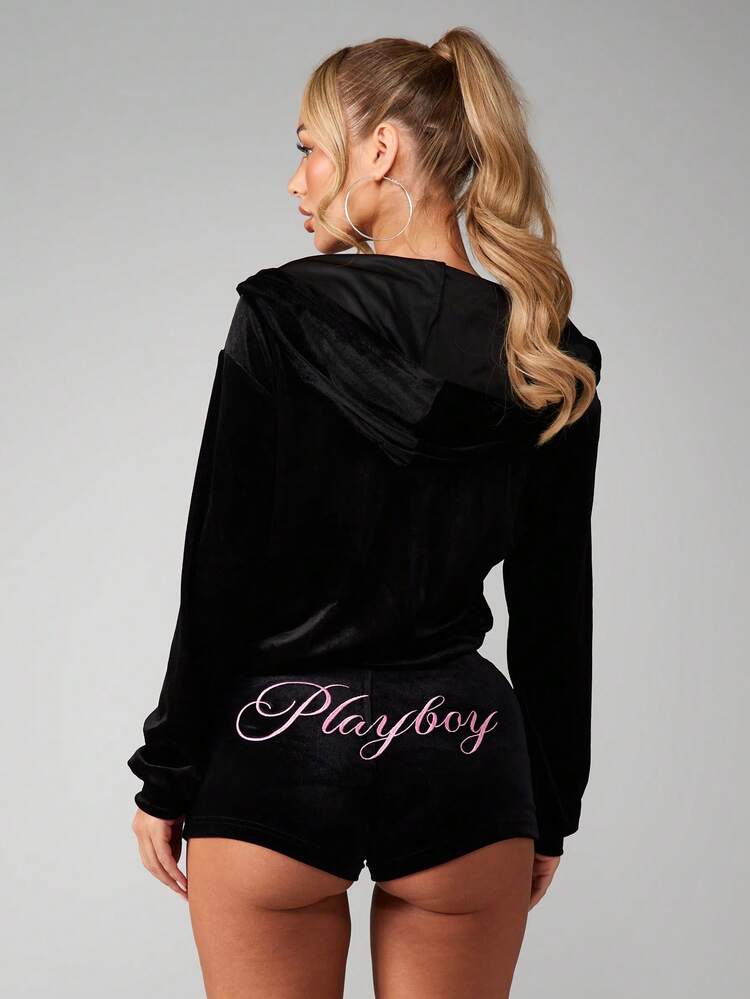 Missguided x Playboy Black Velvet Full Zip Hoodie With Embroidered Logo Chest Print Long Sleeve Regular Fit Casual Sweatshirt