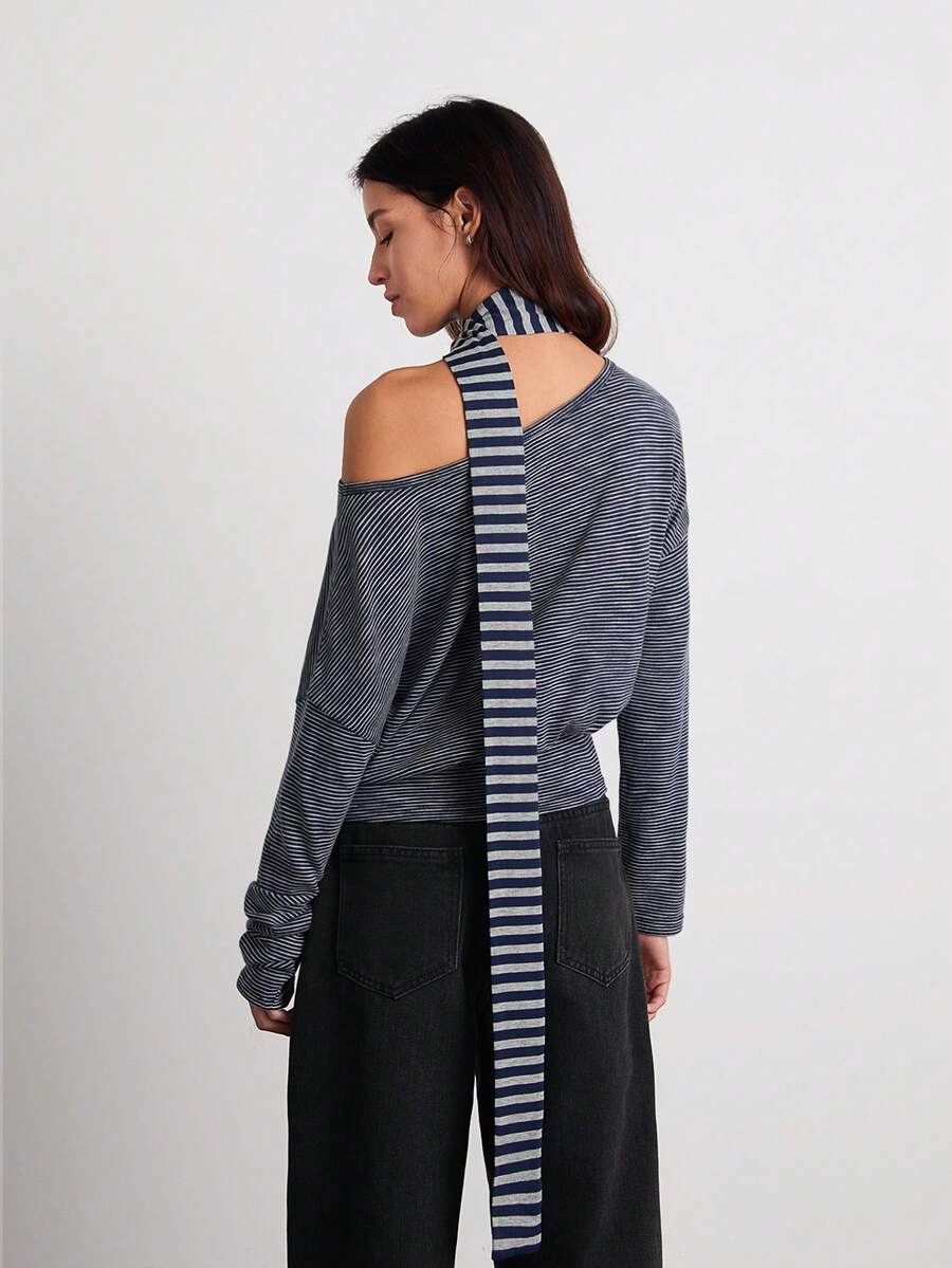 Easelle ملابس علوية نسائية كاجوال عتيقة غير متماثلة الكتف مربوطة الخصر مخططة - متعدد الألوان - مشاهدة 1