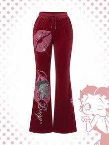 Betty Boop | ROMWE Y2K 天鹅绒卫衣和裤子字母图案水钻装饰 2 件套女款 - 酒紅色 - 查看 4