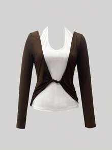 Franclia Elegantes Damen Top für den Alltag, farblich abgesetztes Top, Neckholder Top, langärmeliges Top mit Twist-Detail, zweiteiliges Herbst-/Winter Top - Braun - Übersicht 5
