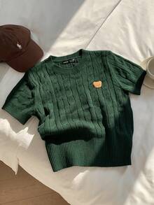 SHEIN EZwear 女士針織短袖衫,熊繡花圖案 - 綠色 - 查看 1
