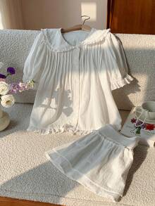 Comfortcana 女士纯色彼得潘领短泡泡袖衬衫和迷你裙两件套 - 白色 - 查看 5
