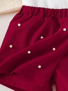 SHEIN Young Girl' Cute Ruffle Knit Top With Bow, Pearl Decor Slit Skirt Shorts Set - Red - View 8