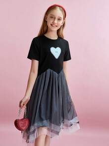Tween Girl Heart Print Color Block Round Neck Short Sleeve Dress - Black - View 6