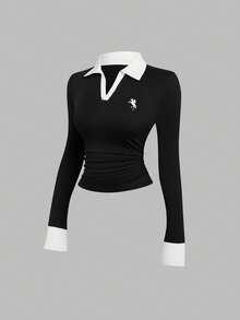 Sweetra Fashionable Casual Slim Fit Turndown Collar Long Sleeve T-Shirt, Versatile For Spring & Autumn - Black - View 8