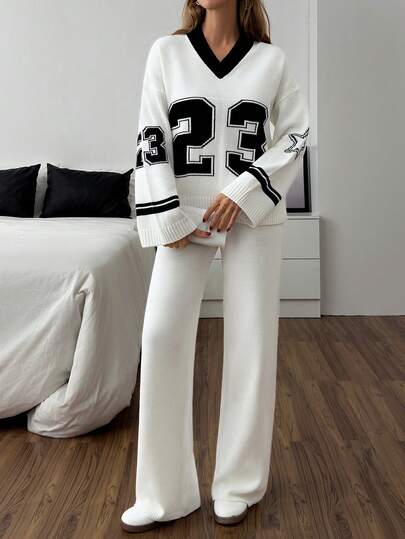 EURMUSE Women V-Neck Flare Sleeve Detailed Sweater And Pant Set