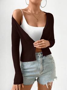 Women's Solid Color Ribbed Knit Cardigan With Front Button, Slim Fit, Spring/Autumn - Brown - View 3