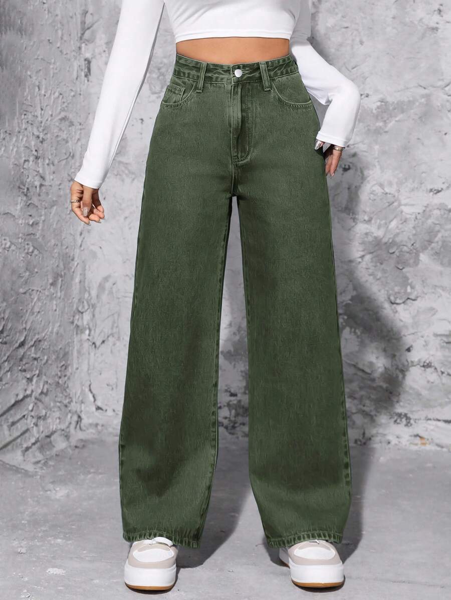 SHEIN PETITE Women's Casual Washed High Waist Straight Leg Jeans - Army Green - View 1