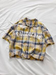 AXEPEAK Men's Casual Plaid & Letter Print Front Button Short Sleeve Shirt, Summer - Multicolor - View 7