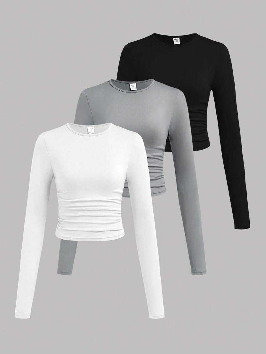 SHEIN Girlism 3pcs/Set Teen Girl Solid Color Crew Neck Ruched Long Sleeve T-Shirts - Blue - View 1