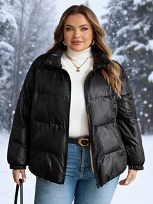 SHEIN CURVE+ Große Damen Reißverschluss Kapuzen Jacke mit Polsterung für Herbst und Winter, dick