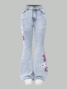 SHEIN ChillGRL Teen GirlFashion Personalized All-Season Versatile Black Applique 3D Embroidery, Distressed Blue Flare Jeans, Skinny High Stretch Denim Pants Girl Clothes Tween Girls Jeans Purple Purple Outfits Teen - Light Wash - View 4