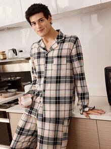 CoupledUp Men's Casual Plaid Print Ruffle Trim Long Sleeve Pajama Set - Multicolor - View 3