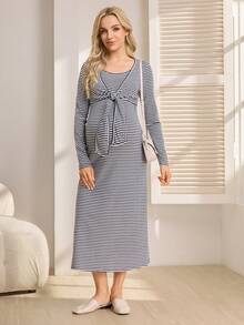 SHEIN 孕妇圆领落肩长袖条纹舒适连衣裙 - 藍白色 - 查看 5