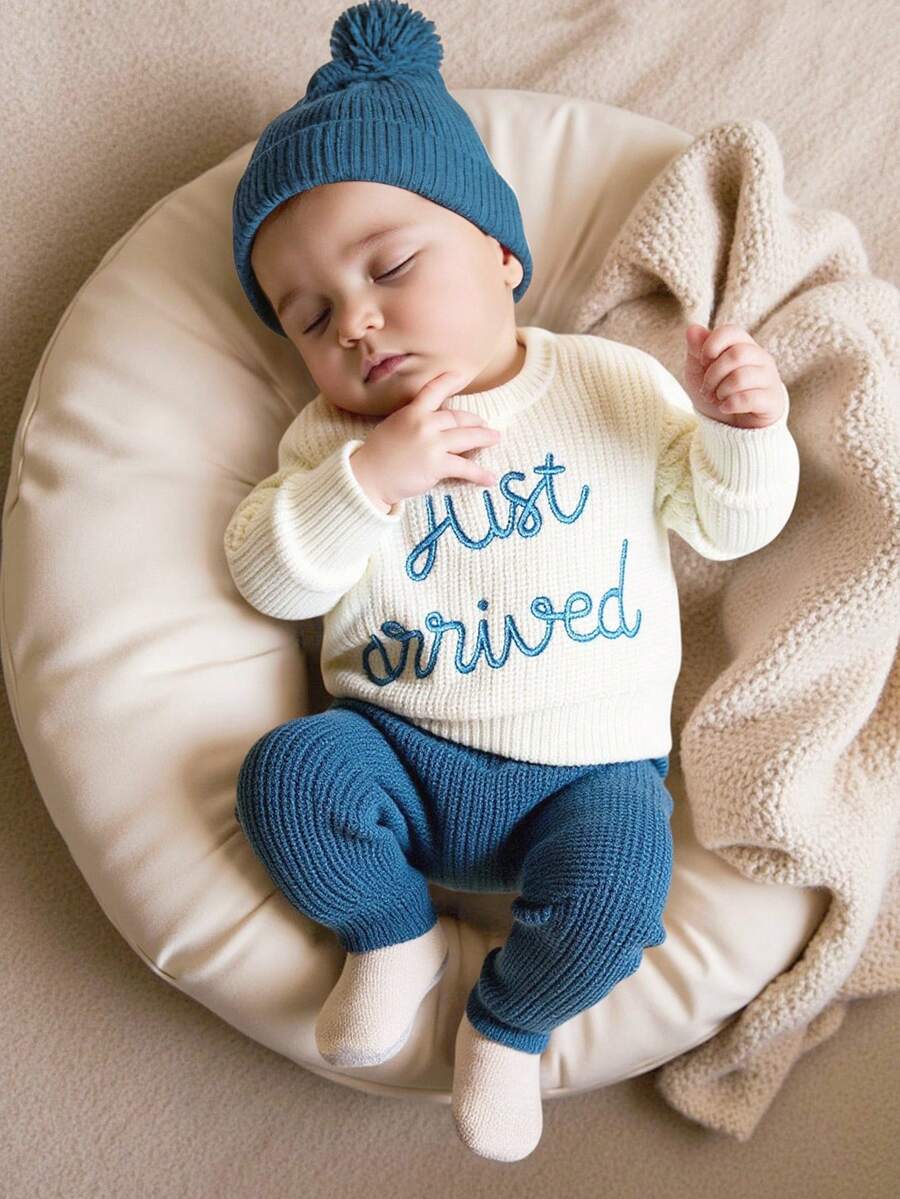 SHEIN 3Pcs Set Baby Hospital Arrival Announcement Outfit 1-3 Month Baby Knitted Tops And Pants With Hat Newborn Photo Shoot Props Neutral Baby Coming Home Outfit - Multicolor - View 1