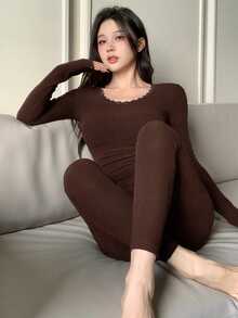 DAZY Women's Contrast Lace Long Sleeve Top And Pants Lingerie Set - Coffee Brown - View 5