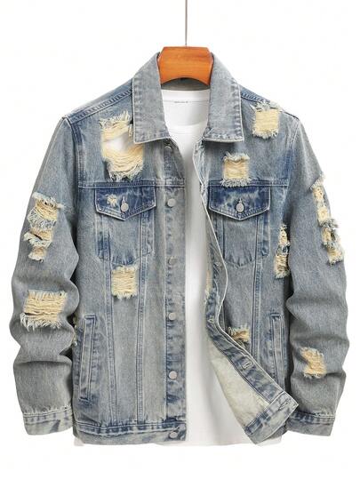 Manfinity Roughcore 男士休闲做旧蓝色牛仔夹克，街头风