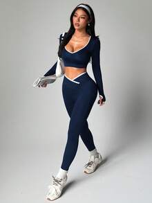 Dewbera 2pcs/Set Women Seamless Contrast Color Sports Set Navy Workout Set Athletic Two Piece Set Active Two Piece Set Gym Two Piece Set Workout Legging Two Piece Set - Navy Blue - View 3