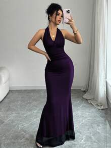 Rafferiza Đầm dài phối lưới xếp ly cổ chữ V viền đuôi cá thanh lịch có lót màu hồng cánh sen dành cho nữ, mùa thu/đông - Màu tím - Xem 8