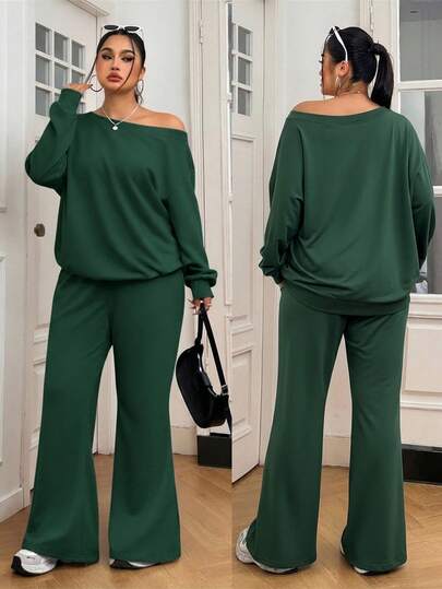 Solflare Olive Green Plus Size Women Oblique Shoulder Long Sleeve Sweatshirt And Flare Pants Casual 2 Pieces Set  Autumn/Winter,Christmas,New Year,Thanksgiving,Party,Wedding,Beach,Graduati,Chic,Elegant,Casual,Going Out,Date,Appointment,Commute