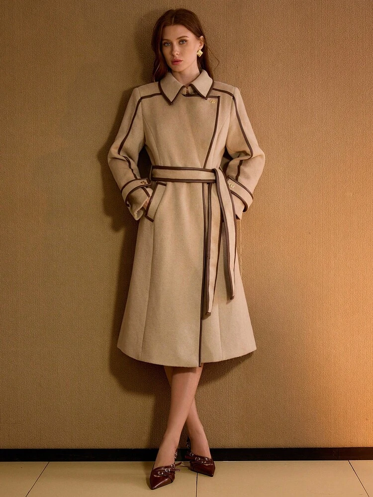 WOOL AUTUMN/WINTER VINTAGE-STYLE ELEGANT COMMUTER CONTRAST TRIM BELTED COAT