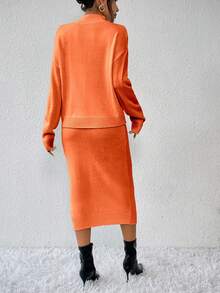 RosyDaze Women's Solid Color Turtleneck Casual Knit Long Sleeve Top And Skirt 2-Piece Set - Orange - View 2