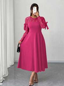Elenzga Elegantes Spitzen-Patchwork-Kleid in Große Größen für Damen - Heißes Pink - Übersicht 3
