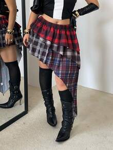 POPSWAY New Plaid Patchwork Asymmetrical Design Sexy Mini Skirt, Slimming, Spring/Autumn - Multicolor - View 6