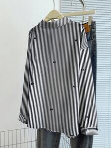 GlowEve CURVE Plus Size Casual Striped Bow Print Button Front Long Sleeve Shirt, Autumn - Black - View 2