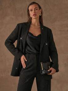 SHEIN BAE Women's Glitter Rhinestone Embellished Long Sleeve Elegant Party Blazer - Black - View 8