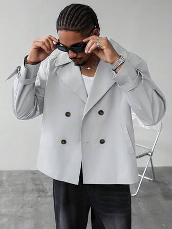 Manfinity Homme Men's Casual Everyday Commute Fashion Simple Solid Color Lapel Collar Double-Breasted Trench Coat, Autumn Men Double Breasted Suit Grey Jackets Men Double Breasted Blazer Men Trench Coat