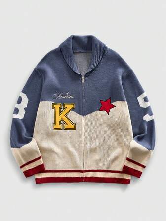جاكيت بيسبول مطرزة على الياقة، كارديجان مصنوع من الأقمشة المحبوكة، موضة الشارع