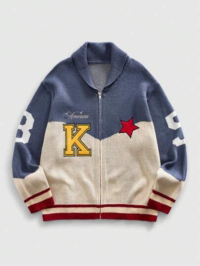 ROMWE MEN Street Life Veste de baseball à col brodé pour hommes, cardigan en tricot, mode de rue