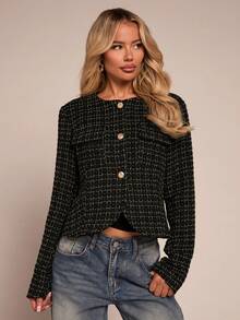Glamine Women's Elegant Sexy Black Knitted Jacquard Long Sleeve Short Wool Blend Jacket, Autumn/Winter - Black - View 4