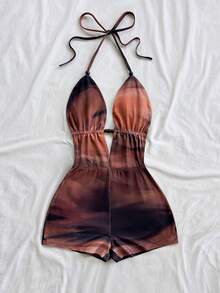Soleia Bộ đồ liền thân cổ chữ V sâu in họa tiết trừu tượng nhuộm loang màu cổ điển dành cho nữ, trang phục thời trang mùa hè gợi cảm cho tiệc tùng, hẹn hò, trà chiều, kỳ nghỉ ở bãi biển - Nhiều màu - Xem 3
