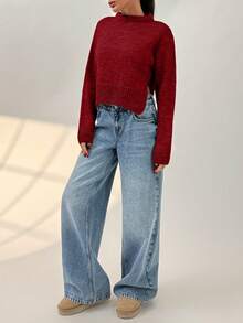 EURMUSE Suéter de cuello alto y corto de punto cálido para mujer - Burdeos - Ver 3