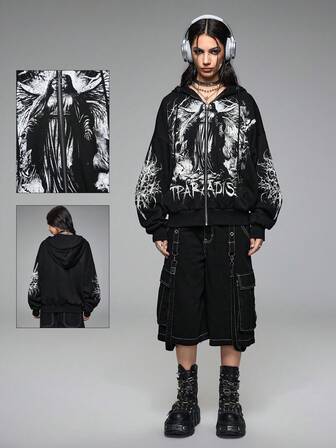 Grunge Punk Sweat-shirt à capuche en polaire à cordon de serrage avec imprimé Vierge Marie et épines, style casual punk pour femmes, automne/hiver