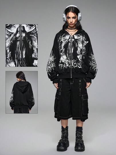 Grunge Punk Damen Lässig Punk Jungfrau Maria & Dorn Muster Kordelzug Kapuzen Fleece Sweatshirt, Herbst/Winter