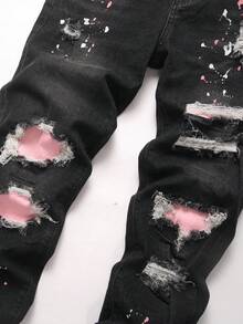 Manfinity Roghcode Jeans déchirés mode casual à taille haute pour hommes - Noir - Voir 3