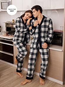 CoupledUp 格子印花拼接长袖长裤男士抓绒睡衣套装 - 彩色 - 查看 1