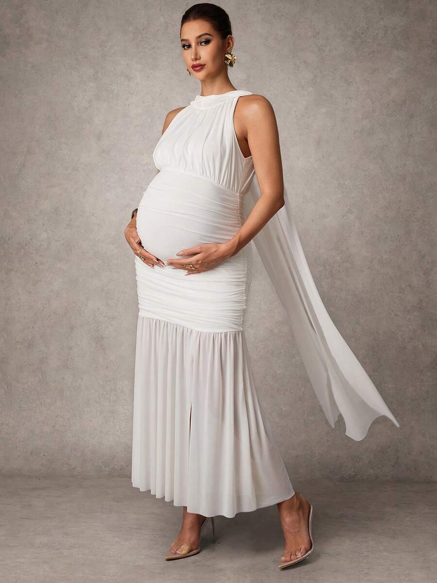 MaterniChic 优雅纯色褶皱无袖孕妇派对连衣裙 - 白色 - 查看 1
