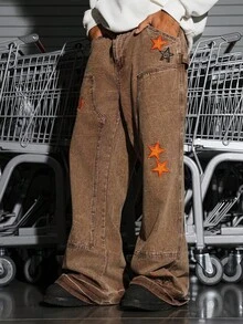 Manfinity EMRG Street Life Men's Pocket Star Patch Embroidered Brown Wide-Leg Casual Versatile Jeans - Brown - View 1