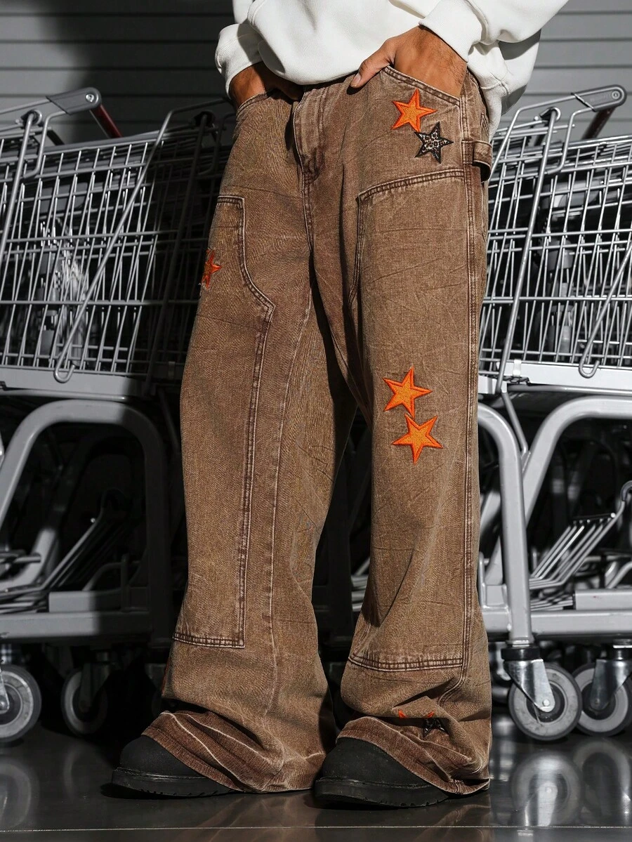 Manfinity EMRG Street Life Men's Pocket Star Patch Embroidered Brown Wide-Leg Casual Versatile Jeans - Brown - View 1