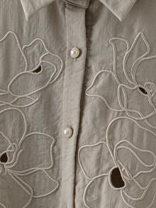 Modelyn Women's Solid Color Floral Pattern Pearl Button Long Sleeve Shirt