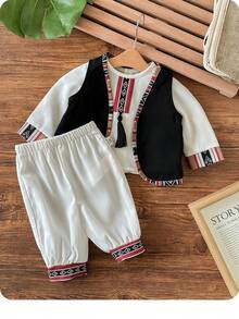 Newborn Baby Girl Cute Color Block Geometric Pattern Long Sleeve Shirt & Elastic Waist Pants Set - Black and White - View 3