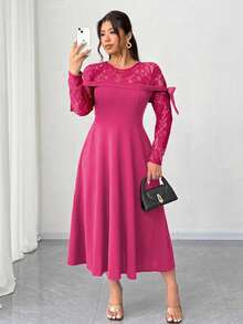 Elenzga Elegantes Spitzen-Patchwork-Kleid in Große Größen für Damen - Heißes Pink - Übersicht 1
