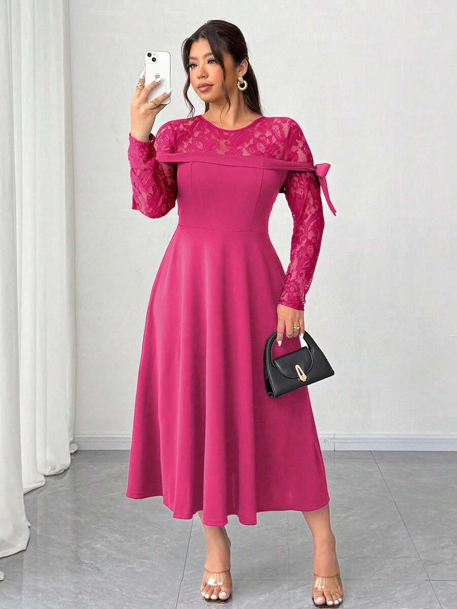 Elenzga Elegantes Spitzen-Patchwork-Kleid in Große Größen für Damen - Heißes Pink - Übersicht 1