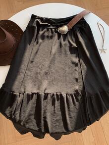 SHEIN EZwear Women's Fashionable Ruched Solid Color High Slit Long Skirt For Vacation - Black - View 4